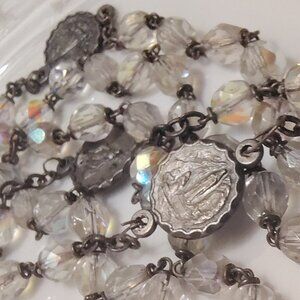 Vintage Italy Silver Tone Aurora Borealis Faceted Crystal Bead Rosary Our Lady